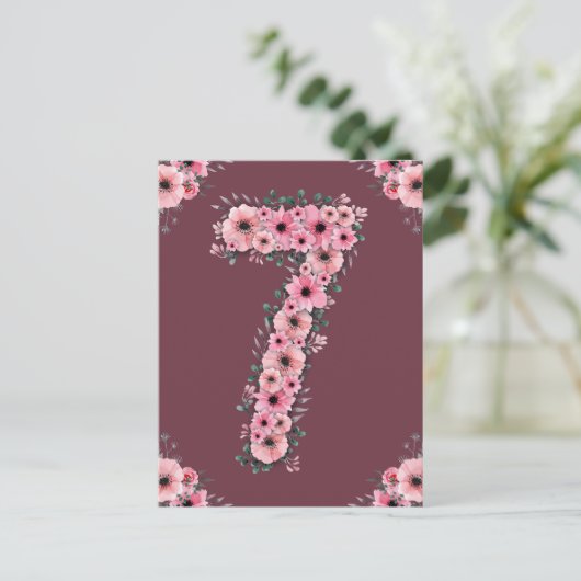 Meisje Grote 7e Verjaardag Roze Bloemen Groen Loof Briefkaart (Staand voorkant)