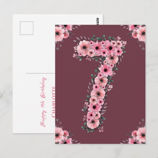 Meisje Grote 7e Verjaardag Roze Bloemen Groen Loof Briefkaart (Voorkant / Achterkant)
