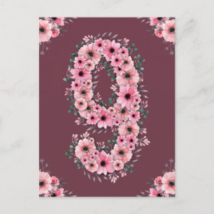 Meisje Grote 9e Verjaardag Roze Bloemen Groen Loof Briefkaart