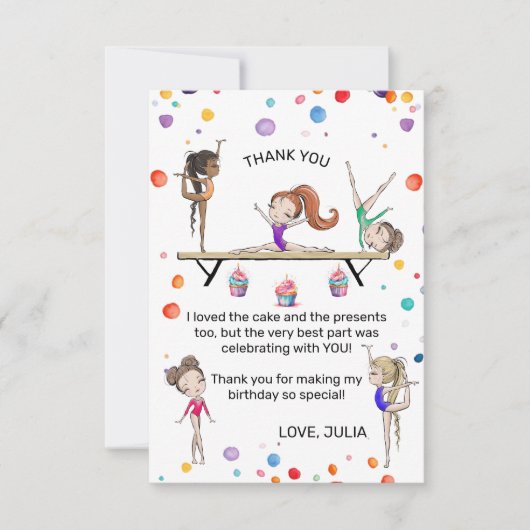Meisje Gymnastiek Verjaardagsfeestje Flat Dank u k Bedankkaart (Voorkant)