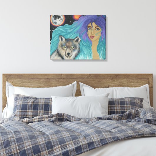 Meisje & Haar Wolf Canvas Afdruk (Insitu (Slaapkamer))