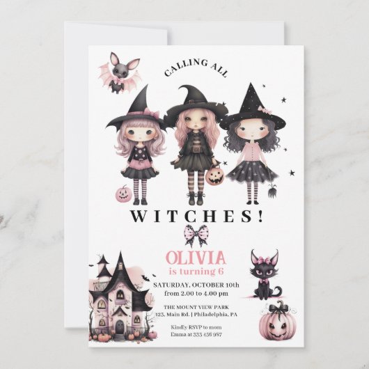 Meisje Halloween Verjaardag heksen elke leeftijd Save The Date (Voorkant)