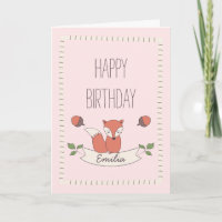 Meisje Hand getrokken Fox Verjaardag Kaart