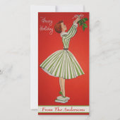  Meisje Hanging Mistletoe Custom Christmas Feestdagenkaart (Voorkant)