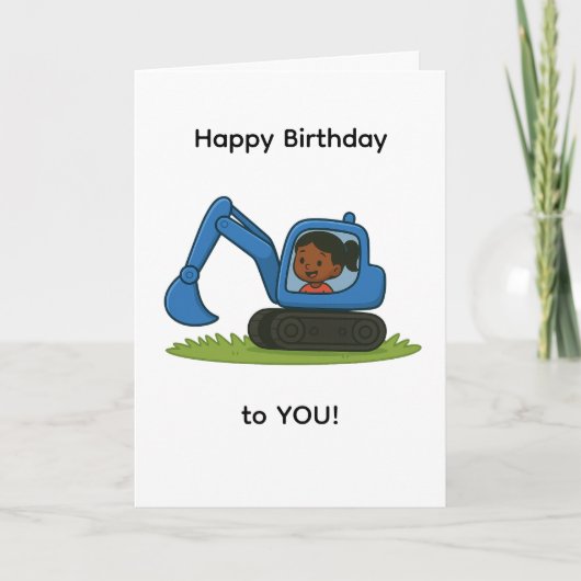 Meisje Happy Birthday kaart met graafmachine ontwe (Voorkant)