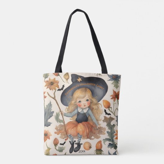 Meisje heks gepersonaliseerd Halloween Snoep Tote Bag (Achterkant)