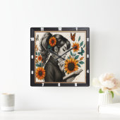 Meisje Het lezen van Zonnebloemen Vlinder Vierkante Klok (Huis)