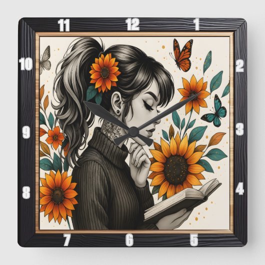 Meisje Het lezen van Zonnebloemen Vlinder Vierkante Klok (Voorkant)