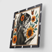 Meisje Het lezen van Zonnebloemen Vlinder Vierkante Klok (Hoek)