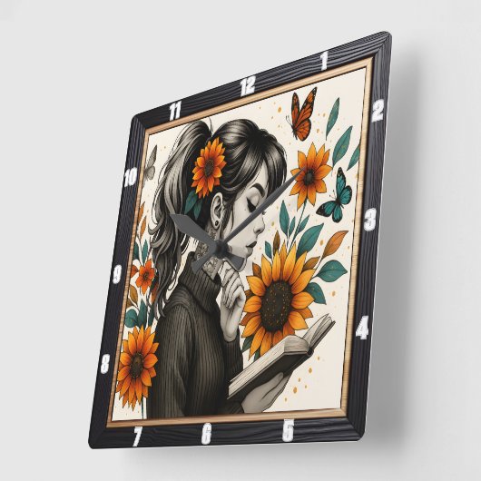 Meisje Het lezen van Zonnebloemen Vlinder Vierkante Klok (Hoek)