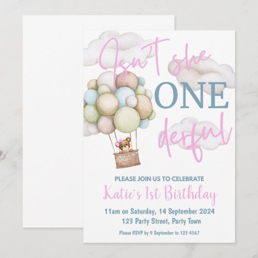 Meisje hete luchtballon 1e verjaardagsfeest kaart (Voorkant / Achterkant)