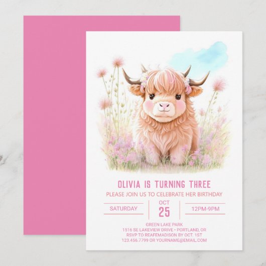 Meisje Highland Koe Pampas Grass Verjaardag Kaart (Voorkant / Achterkant)