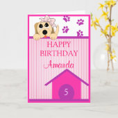 Meisje Hond met Bow & Dog House Verjaardag Kaart (Gele Bloem)