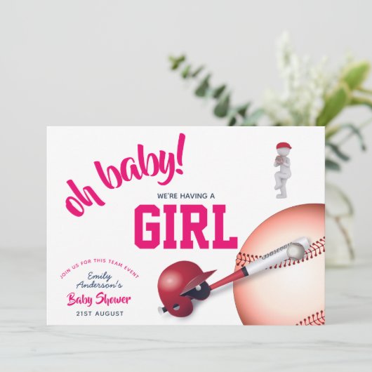 Meisje honkbal baby shower ROZE blauwe uitnodiging (Staand voorkant)