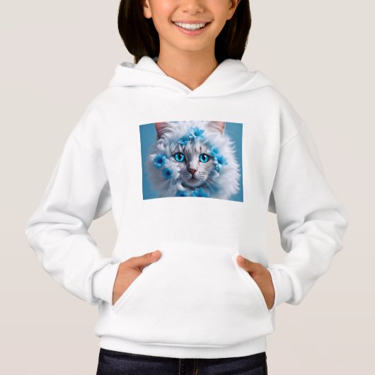 Meisje Hoodie wit met mooie witte kat (Voorkant)