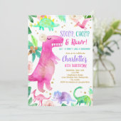 Meisje Hot Roze Dinosaurus Verjaardag Uitnodiging (Staand voorkant)