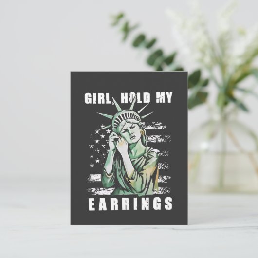 Meisje, houd mijn oorbellen Liberity Status Amerik Feestdagenkaart (Staand voorkant)