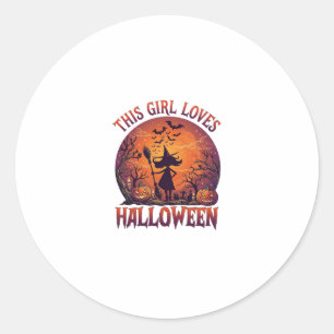 Meisje houdt van Halloween Heks Pompoenen Vleermui Ronde Sticker