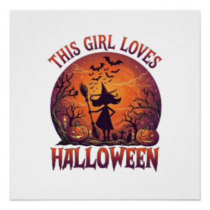 Meisje houdt van Halloween Heksen Pompoenen Vleerm Perfect Poster