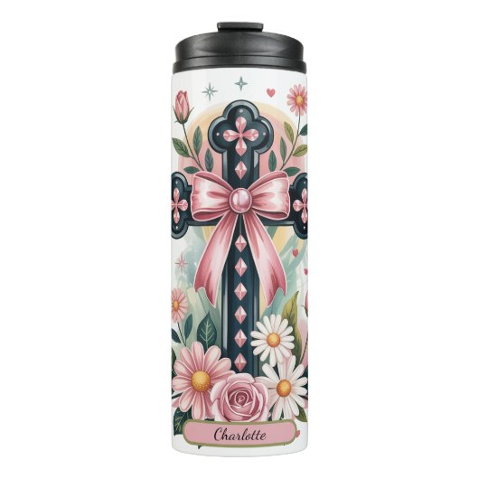 Meisje houdt van Jezus Bloemenkruis Thermosbeker (Voorkant)