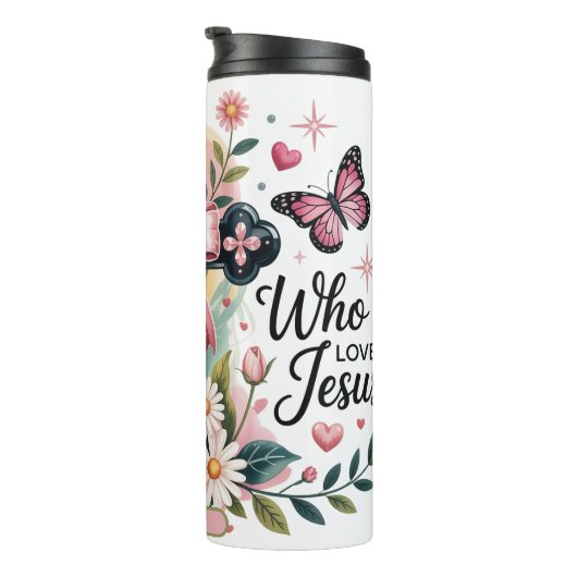 Meisje houdt van Jezus Bloemenkruis Thermosbeker (Geroteerd rechts)