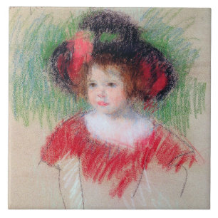 Meisje in Big Bonnett en Red Dress, Mary Cassatt Tegeltje