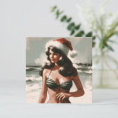 Meisje in Bikini en Santa Hat Retro Pin Up Feestdagenkaart (Staand voorkant)