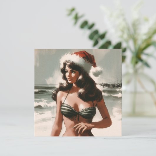  Meisje in Bikini en Santa Hat Retro Pin Up Feestdagenkaart (Staand voorkant)