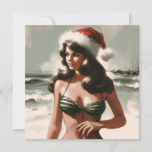 Meisje in Bikini en Santa Hat Retro Pin Up Feestdagenkaart (Voorkant)
