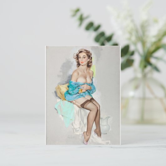 Meisje in blauw, bruin en bruin kalender briefkaart (Staand voorkant)