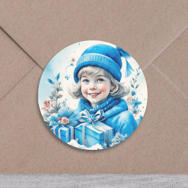 meisje in blauw met geschenkdoos en bloemen ronde sticker