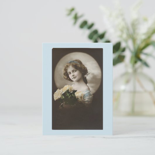 meisje in blauw wit rozenBriefkaart Briefkaart (Staand voorkant)