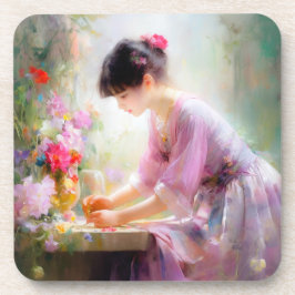 Meisje in bloementuin bier onderzetter