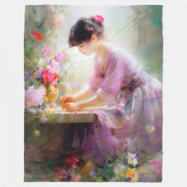 Meisje in bloementuin fleece deken