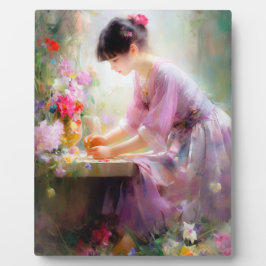 Meisje in bloementuin fotoplaat