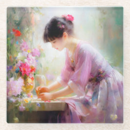 Meisje in bloementuin glazen onderzetter