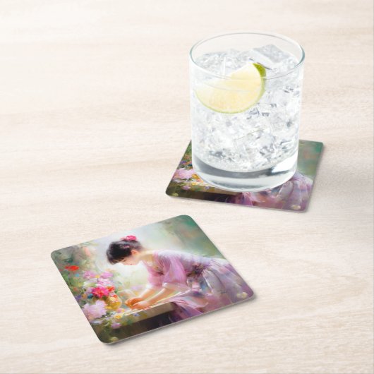 Meisje in bloementuin kartonnen onderzetters (Insitu)