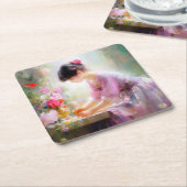 Meisje in bloementuin kartonnen onderzetters (Schuin)