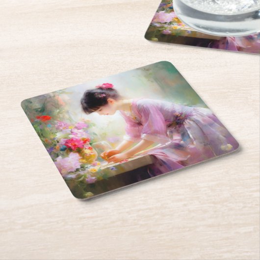 Meisje in bloementuin kartonnen onderzetters (Schuin)