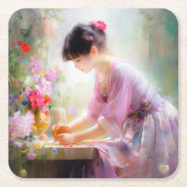 Meisje in bloementuin kartonnen onderzetters