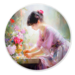 Meisje in bloementuin keramische knop