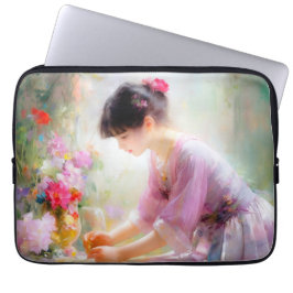 Meisje in bloementuin laptop sleeve