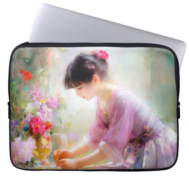 Meisje in bloementuin laptop sleeve (Voorkant)