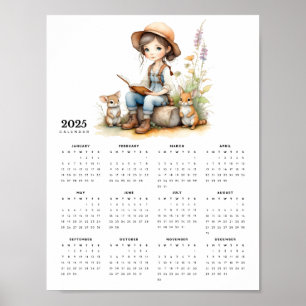 Meisje in bloementuin leest konijnen 2025 Kalender Poster