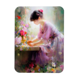 Meisje in bloementuin magneet