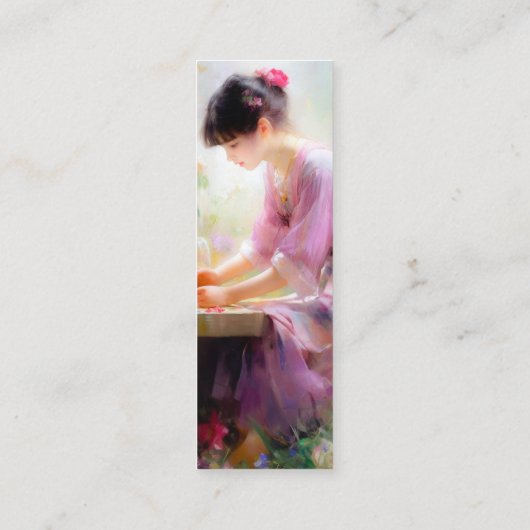 Meisje in bloementuin mini visitekaartje (Achterkant)