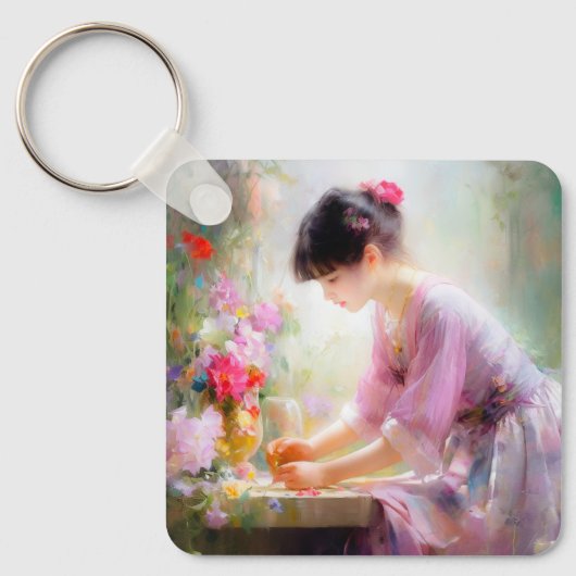 Meisje in bloementuin sleutelhanger (Voorkant)