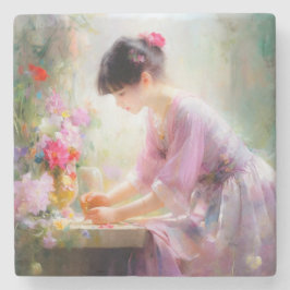 Meisje in bloementuin stenen onderzetter