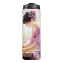 Meisje in bloementuin thermosbeker