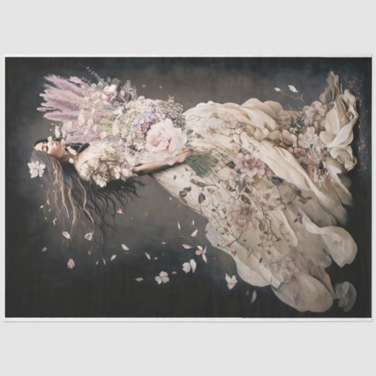 Meisje in Bloom, vogel en bloemenportret Kunst Tissuepapier (Voorkant)